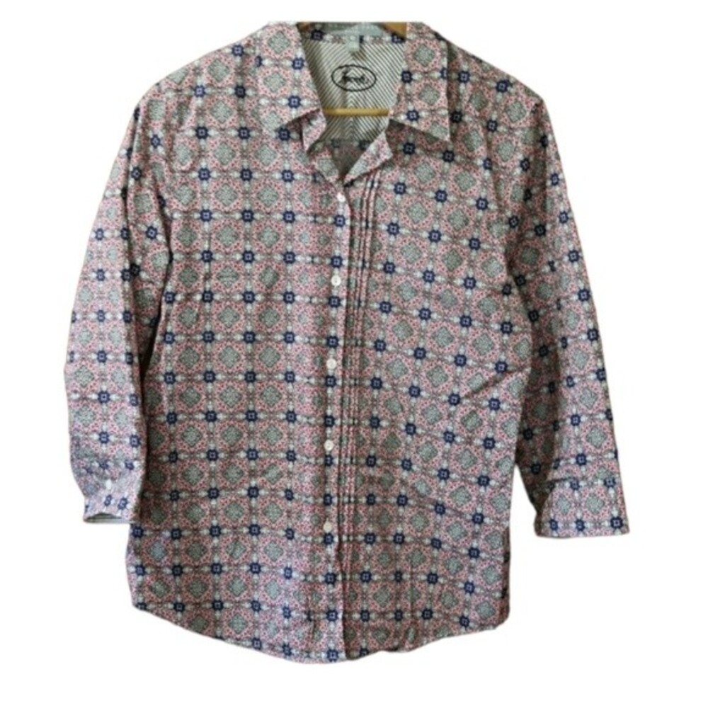 Foxcroft Red White and Blue Print Button Up Blouse Wrinkle Free Fitted 10